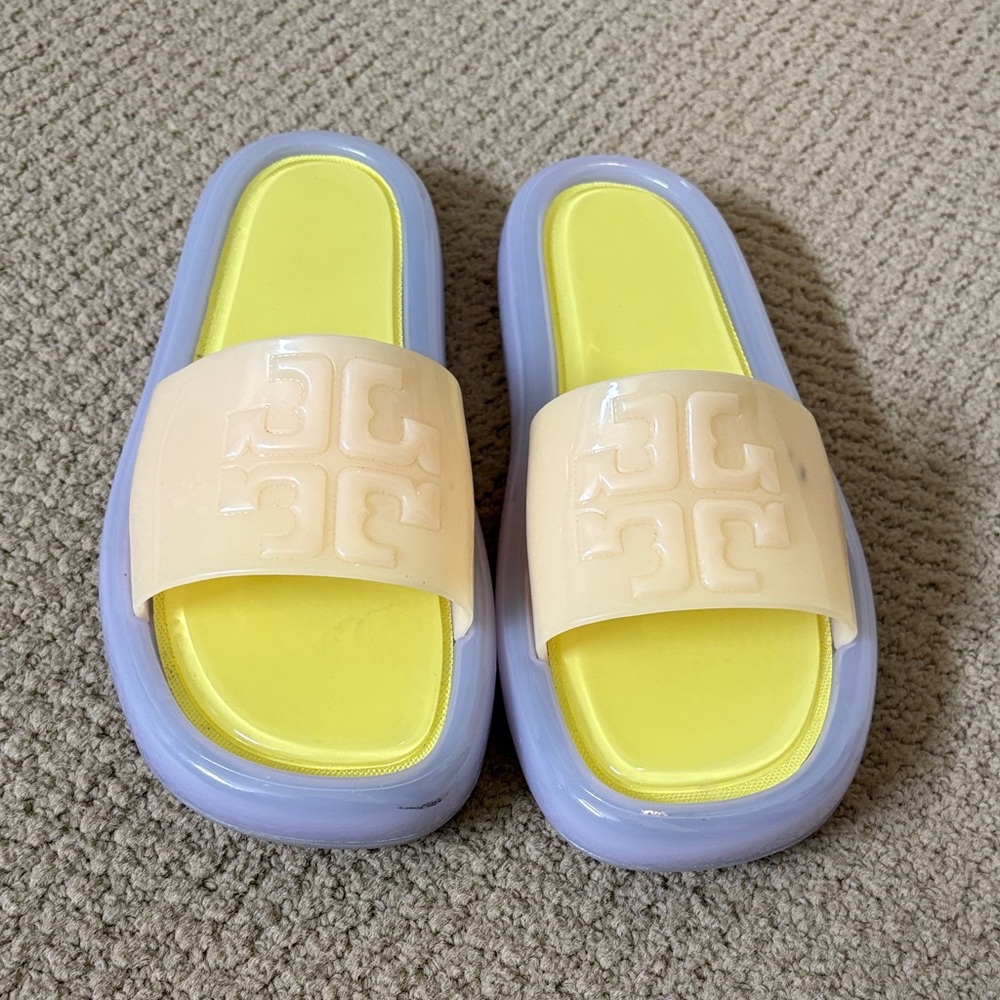 Tory Burch Yellow Lavender Cream Logo Jelly Slide Sandals